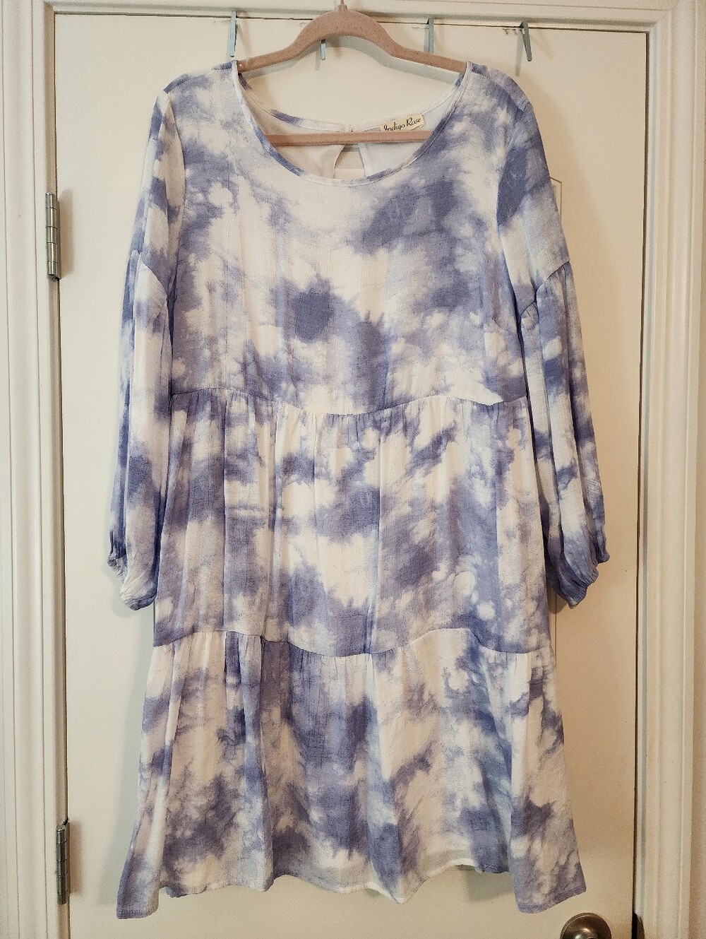 Indigo Rose Blue White Tie-Dye Tiered Babydoll Dress 2X Hippie Flower Child 70s